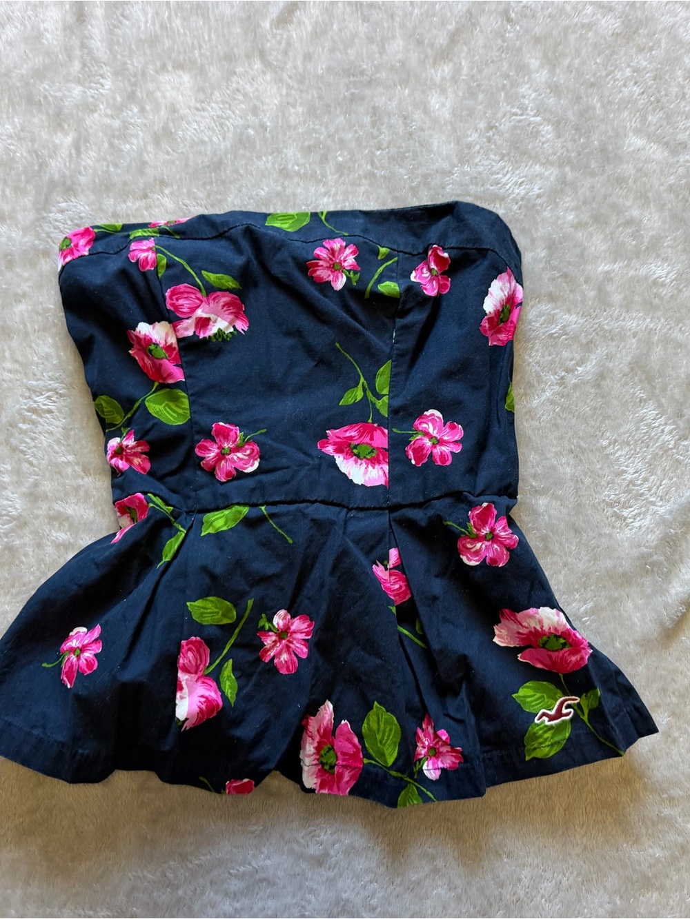 Hollister Navy Strapless Floral Peplum Top with Pink Flowers